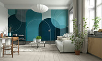 Contemporary wall mural with aqua and teal arches

