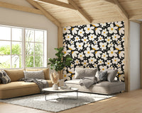Midnight-themed floral wallpaper with bright daisies

