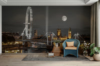 Black and white mural of Westminster Abbey and London Eye

