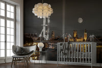 Iconic Westminster Abbey and river view mural at night

