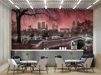 Soft pink and lavender hues over Central Park at dusk captured in a mural.

