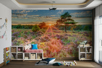 Peaceful heathland sunset mural for creating a calming room vibe.

