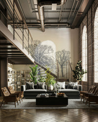 Mystical woods wall mural with fog and silhouettes

