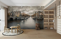 Canal houses and bridge in dusk mural setting

