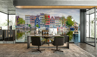 Amsterdam canal mural with colorful houses and boats

