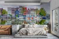 Dutch canal houses mural with calm water reflections

