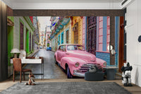 Pink vintage car in old Havana cityscape wallpaper

