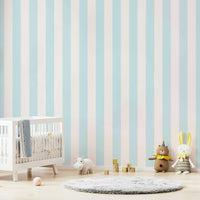 Soft beige and blue vertical stripe wall design

