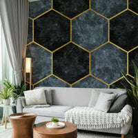 Geometric wall mural in baby blue and gold finish

