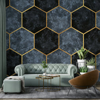 Light blue wallpaper with golden hexagon pattern

