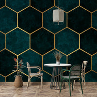Gold-lined teal hexagon wall art design


