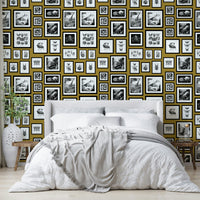 Mustard wallpaper with fairytale-inspired creatures

