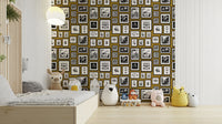Mustard yellow wallpaper with mythical creatures

