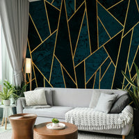 Bold blue and gold mosaic wall mural for modern spaces

