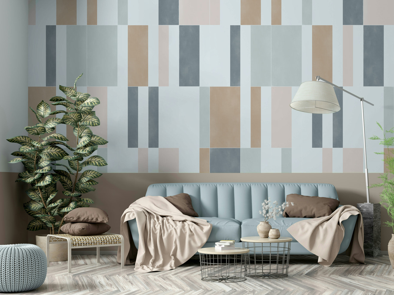 Soft pastel tiles wall mural with elegant geometric design

