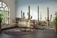 Modern cactus landscape wall mural with earthy tones.

