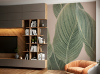 Intricate botanical lines mural with soft green tones.

