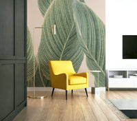 Monochrome botanical lines mural with green accents.

