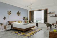 Iconic California Dreaming mural with palm trees and ocean.

