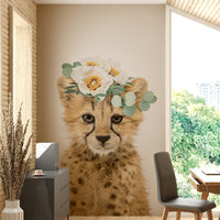 Floral cheetah cub wall mural with vibrant floral backdrop

