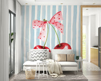 Bright sweet cherry stripes mural for lively spaces

