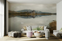 Serene Kilchurn Castle mural with misty mountain backdrop

