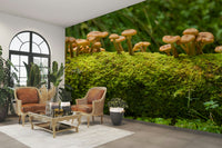 Mossy log mushrooms mural for woodland-inspired decor

