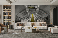 Urban subway escalator wall mural in monochrome

