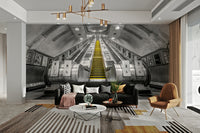 Escalator in subway with yellow steps as mural art

