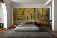 Elegant Golden Autumn Drive mural bringing autumn indoors.

