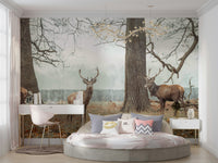Autumn forest mural with group of deer

