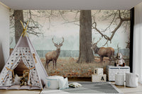 Calm forest path mural with wildlife

