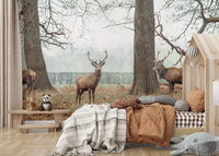 Forest wallpaper mural with antlered deer


