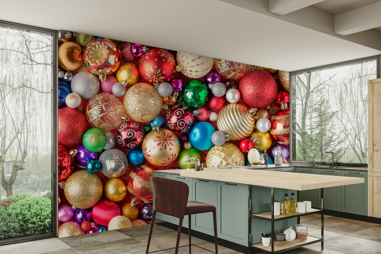 Christmas baubles mural wallpaper close-up

