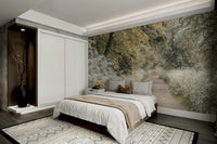 Tranquil mural wallpaper of woodland walkway

