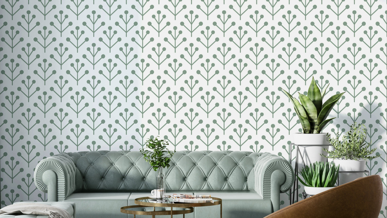Sage green botanical wallpaper with leafy design

