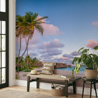 Tall palms on tropical shoreline mural at dusk.

