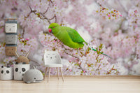 Parakeet and cherry flower wall design for bright interiors.

