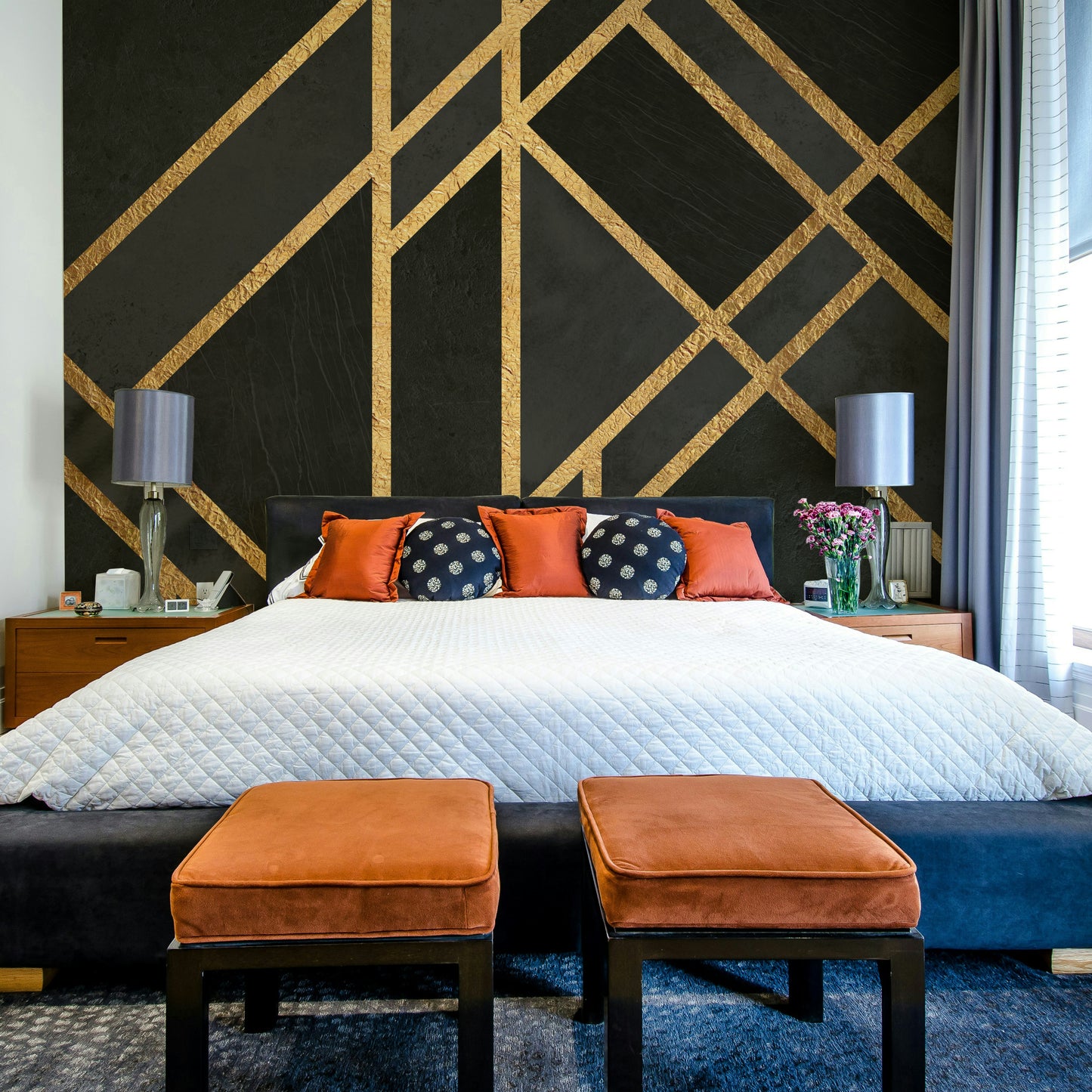 Art Deco black mural wallpaper with symmetrical design.

