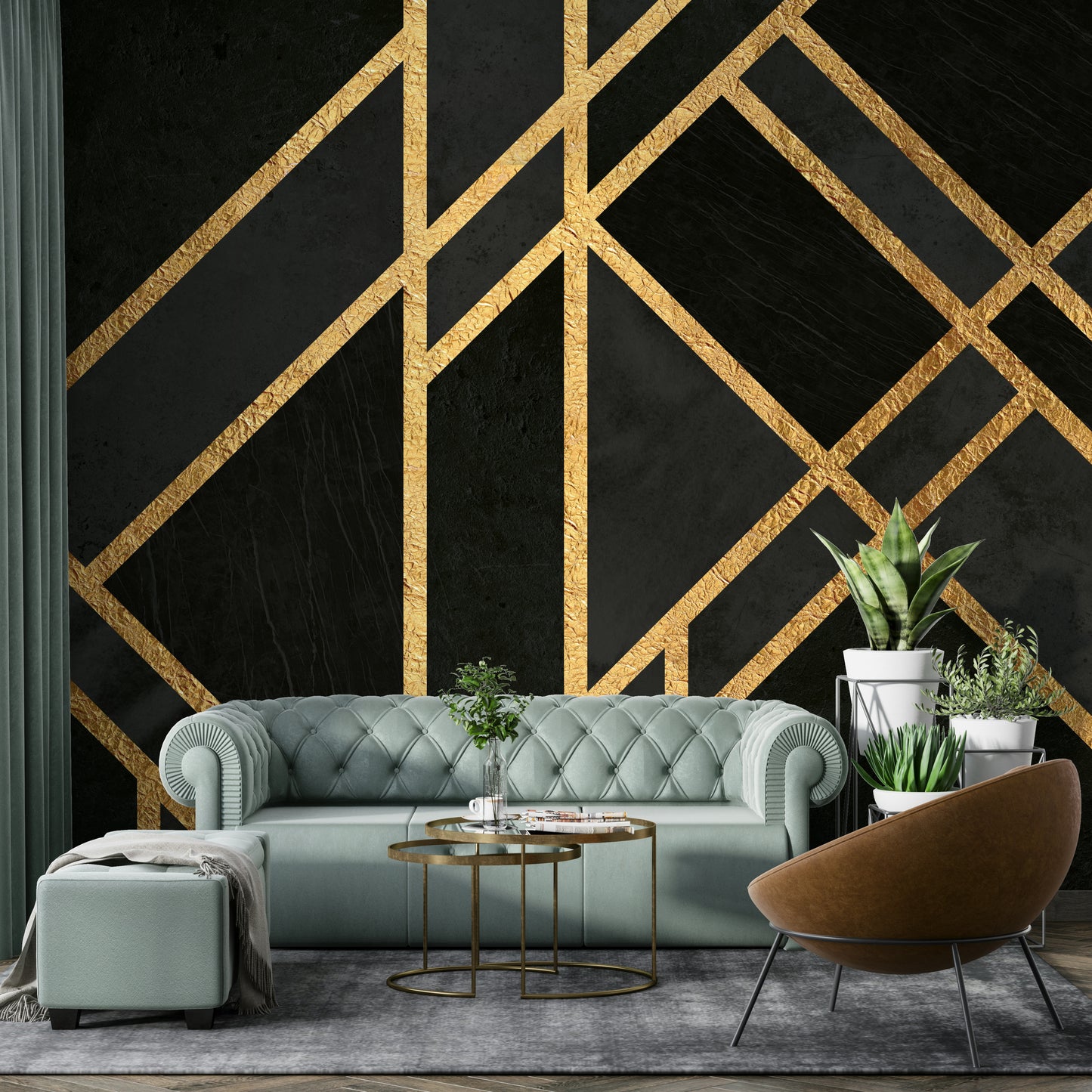 Geometric Art Deco mural in black for modern city-inspired interiors.


