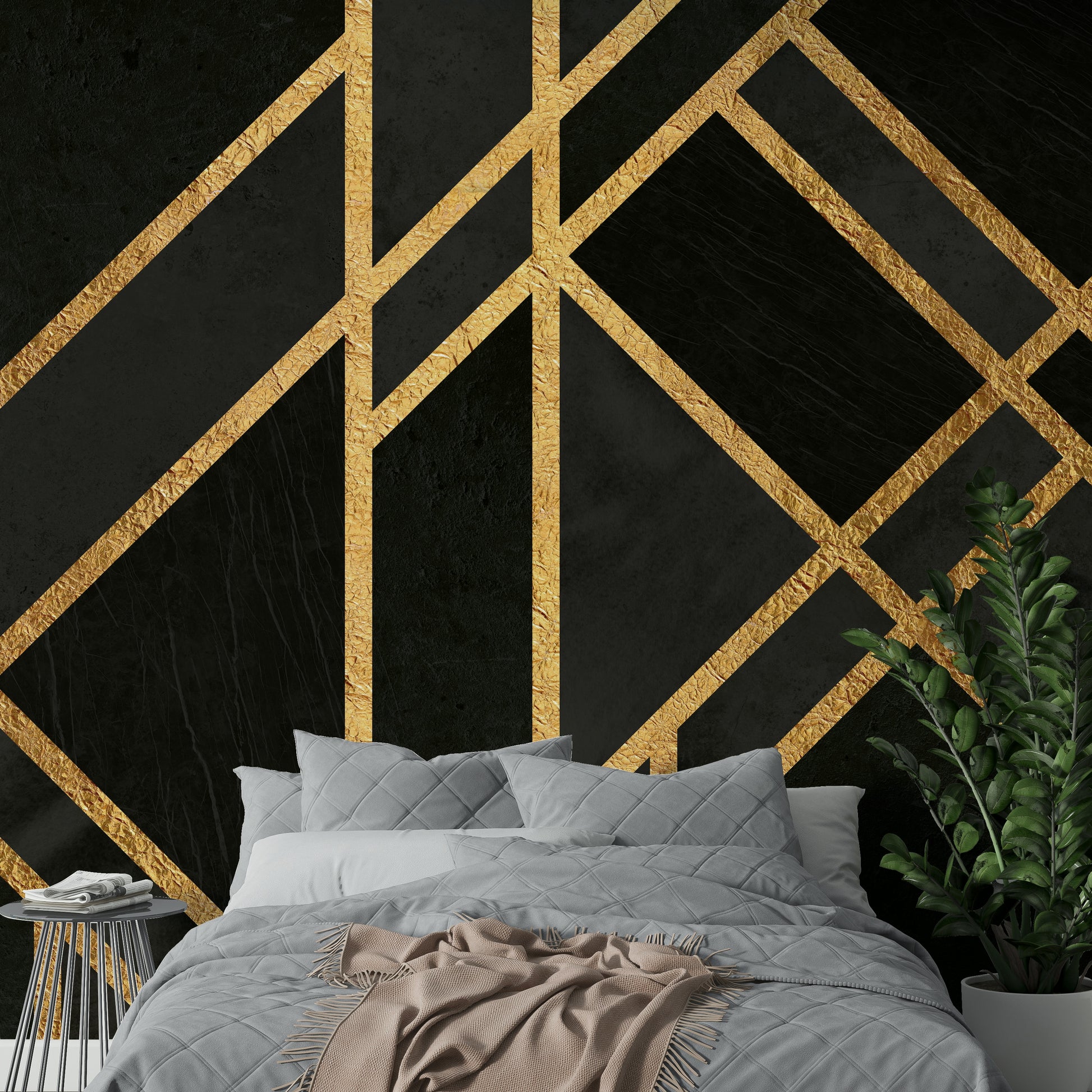 Deep black wallpaper mural featuring sleek Art Deco linework.

