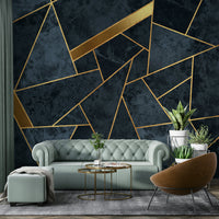 Elegant wall mural featuring mosaic textures in blue and gold tones.

