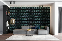 Geometric pattern wall mural with cool shades of teal and blue.

