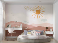 Storybook-style wall mural of a serene path leading to a castle.

