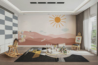 Dreamy mural showing a path leading through nature to a quiet castle.

