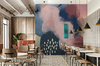 Abstract floating forms mural with soft gradients and open space.

