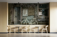 White bicycle outside café wallpaper

