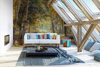 Fall forest mural with colorful leaves and soft sunlight

