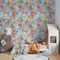 Watercolor tropical wallpaper with lush foliage and flowers

