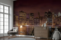 Nighttime cityscape mural showcasing New York City lights

